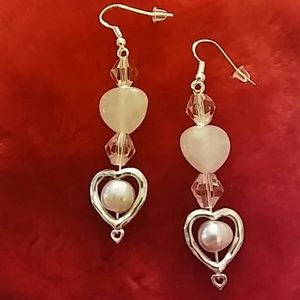 Pink Quartz Heart & Pearl Sterling S Earrings